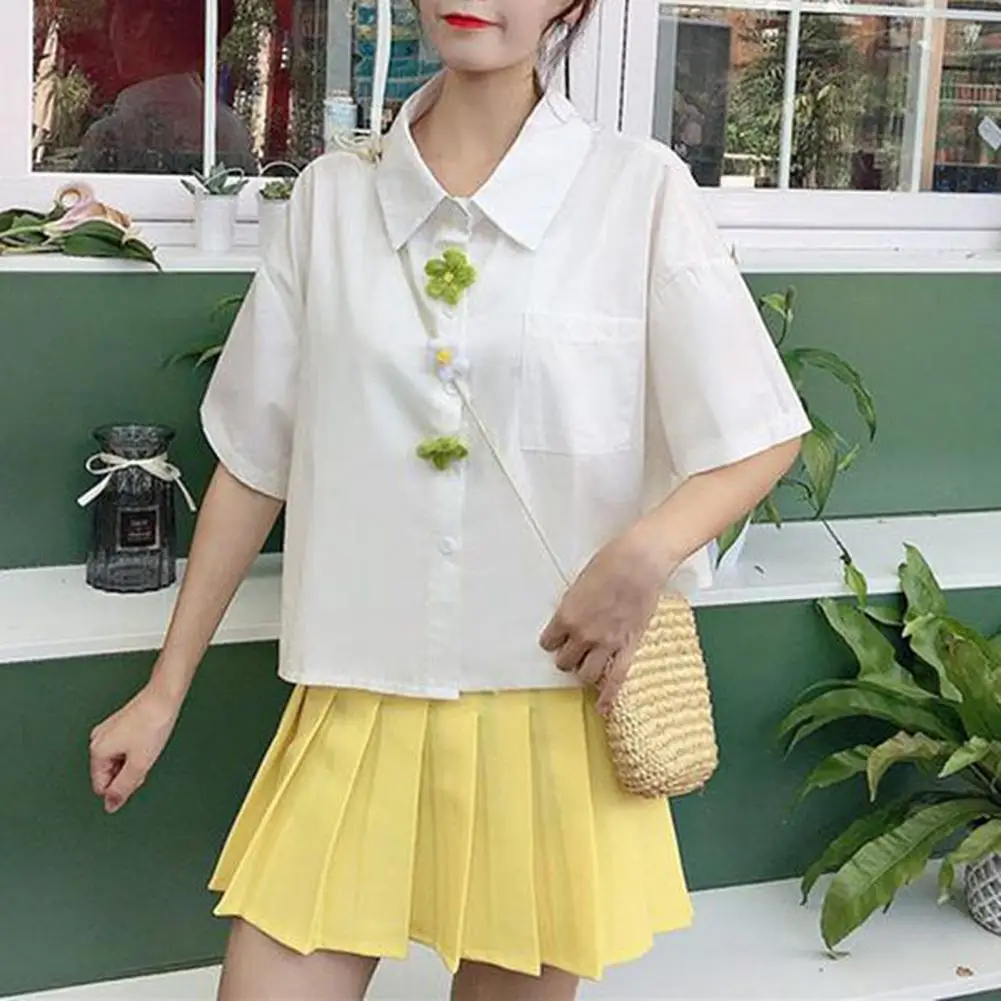 

Trendy Summer 2021 New Turn Down Collar Print Shirt Women Short Sleeve Cute Loose Blusas Retro Thin Shirt Top Holiday Style Top