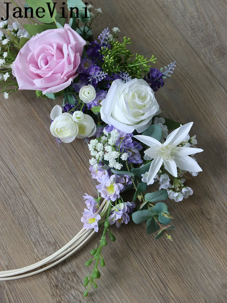 JaneVini White Purple Roses Bride Wreath Artificial Lavender Wedding Flowers Bridal Bouquets Accessories Lei Garland Basket 2019 | Свадьбы и
