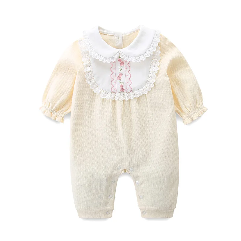 

Brand Children's Clothing 2021 Spring Lace Round Neck Long Sleeve Jumpsuit New Baby Jumpsuit Open Pants Long Creeping Suit