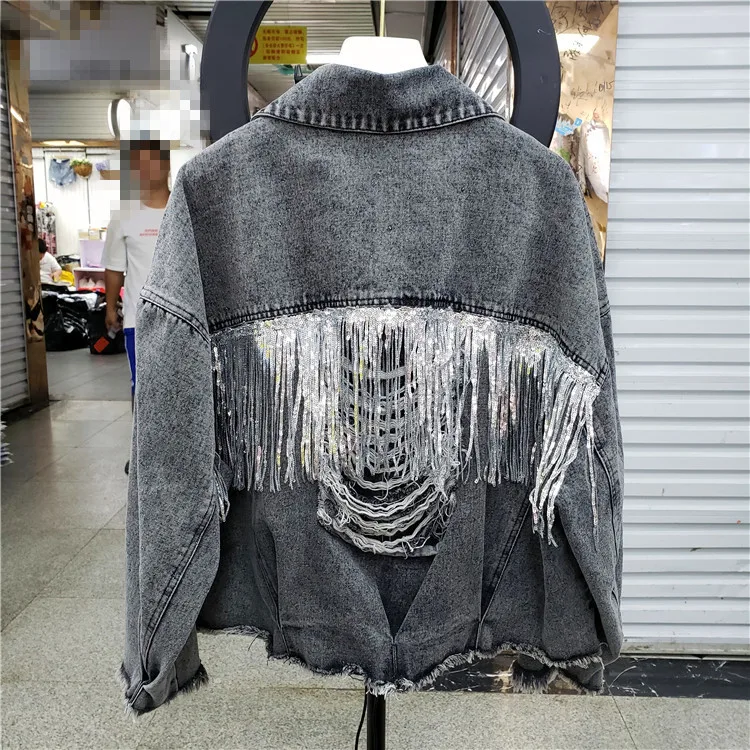 Женская Осенняя джинсовая куртка с кисточками и блестками | одежда