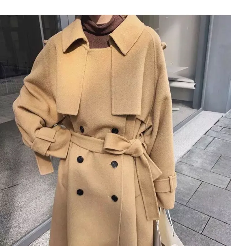 

Женское шерстяное пальто средней и длины до колена, новинка зимы 2021, корейское свободное утепленное хлопковое кашемировое пальто в стиле Хе...