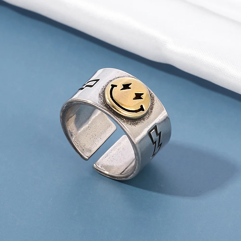 

Smiley face Ring Opening Hip Hop Punk Style Thai Silver Lightning Five-pointed Star Ring Couple Jewelry rings for women