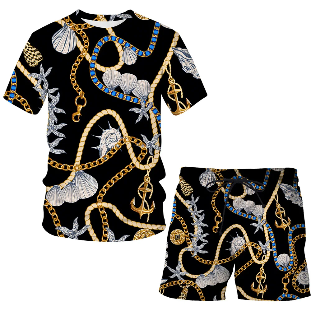 

2021 New Summer Mens Tracksuit Sets Men 3D Short Sleeve Casual Slim Fit Sportsman T Shirts Shorts Iron chain Printed Sport Suit