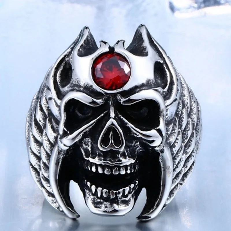 Модное винтажное мужское кольцо в стиле панк с крылатым черепом красным камнем