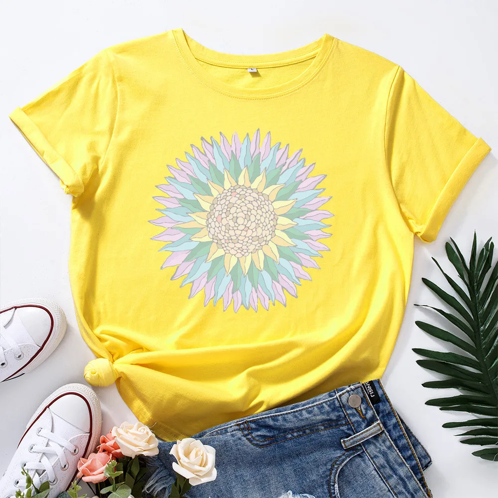 

Women's T-shirts Cotton Plus Size Short Sleeve Flower Print Tshirts Aesthetic Graphic Tees Casual O-neck Summer Harajuku Tops