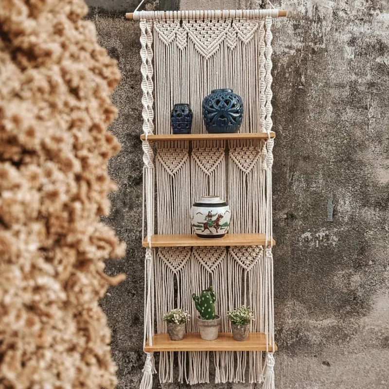 

Настенная подвесная полка в стиле бохо, плетеный деревянный Органайзер с кисточками, 3 уровня, настенная вешалка для домашнего декора
