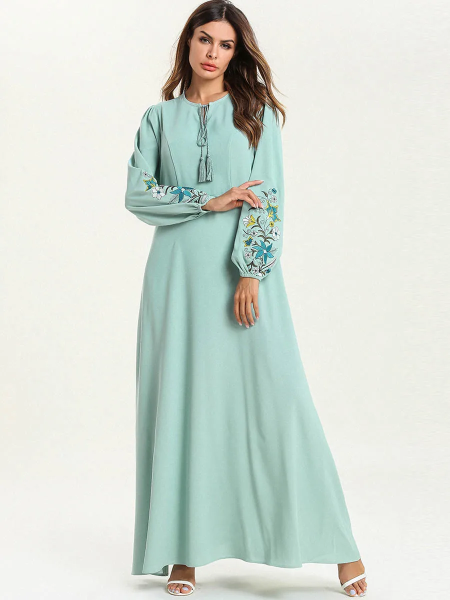 Женское кружевное платье с вышивкой Abaya свободное однотонное длинным рукавом