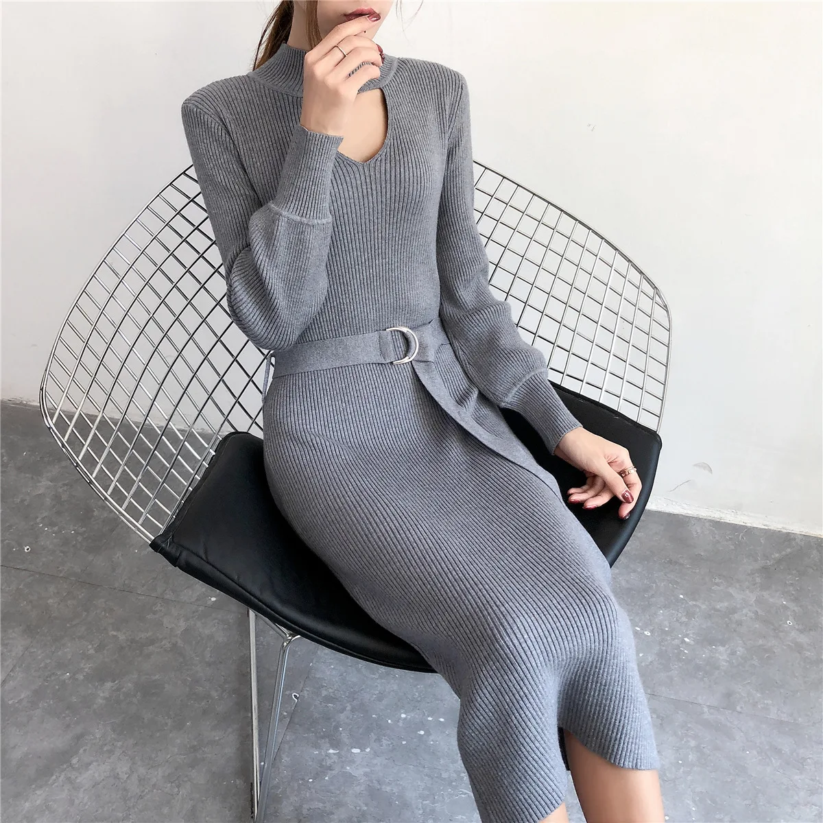 HLBCBG осенне-зимнее вязаное длинное платье женское повседневное облегающее