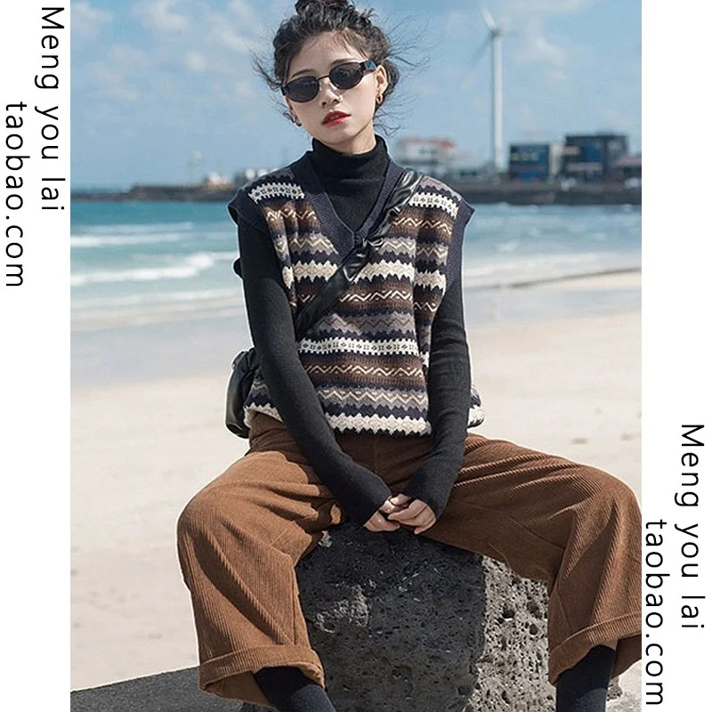 

Ранняя новинка, вязаный жилет без рукавов в японском стиле ретро с V-образным вырезом для женщин, Бандажное платье без рукавов, верхняя одежд...