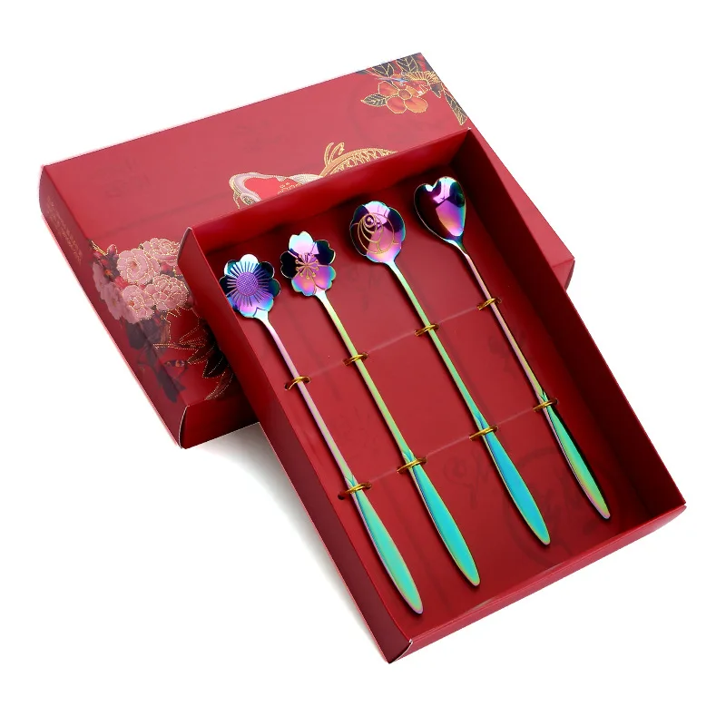 

Steel Coffee Ice Spoon Long Short Flower Shape Multi Color Stirring