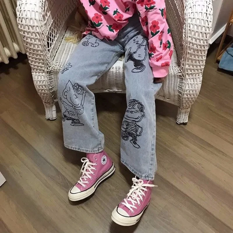 

Джинсы женские прямые с высокой талией, уличные свободные брюки с мультяшным принтом, модная одежда для работы, джинсы большого размера