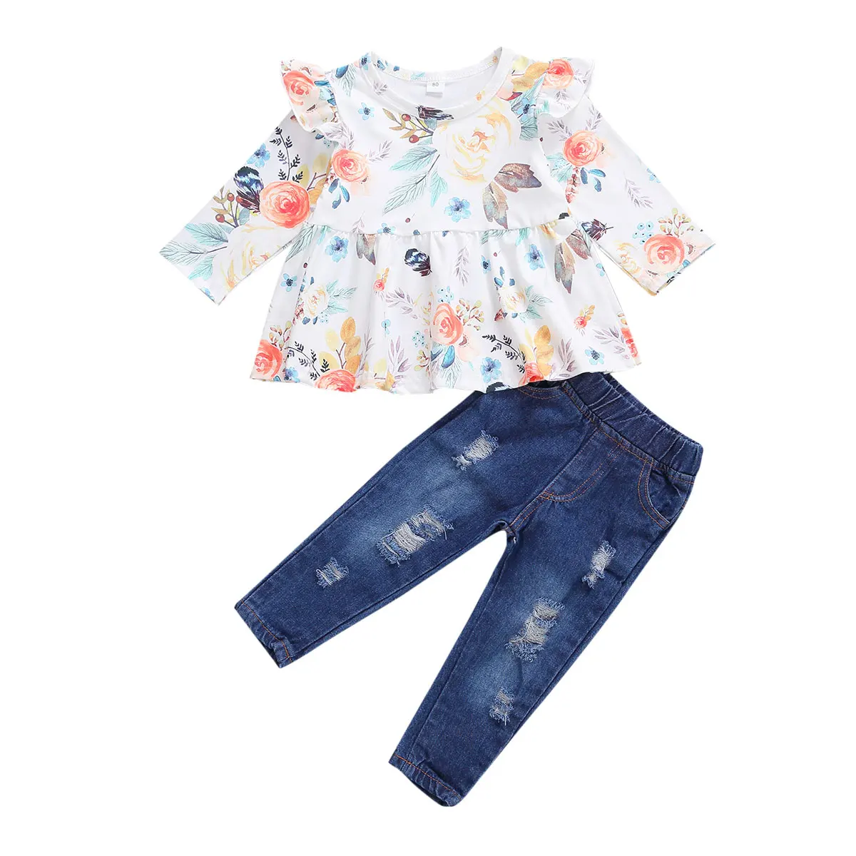 

Spring Autumn 2 Pieces Kids Suit Set, Floral Print Round Neck Long Sleeve Ruffles Top and Ripped Jeans for Girls