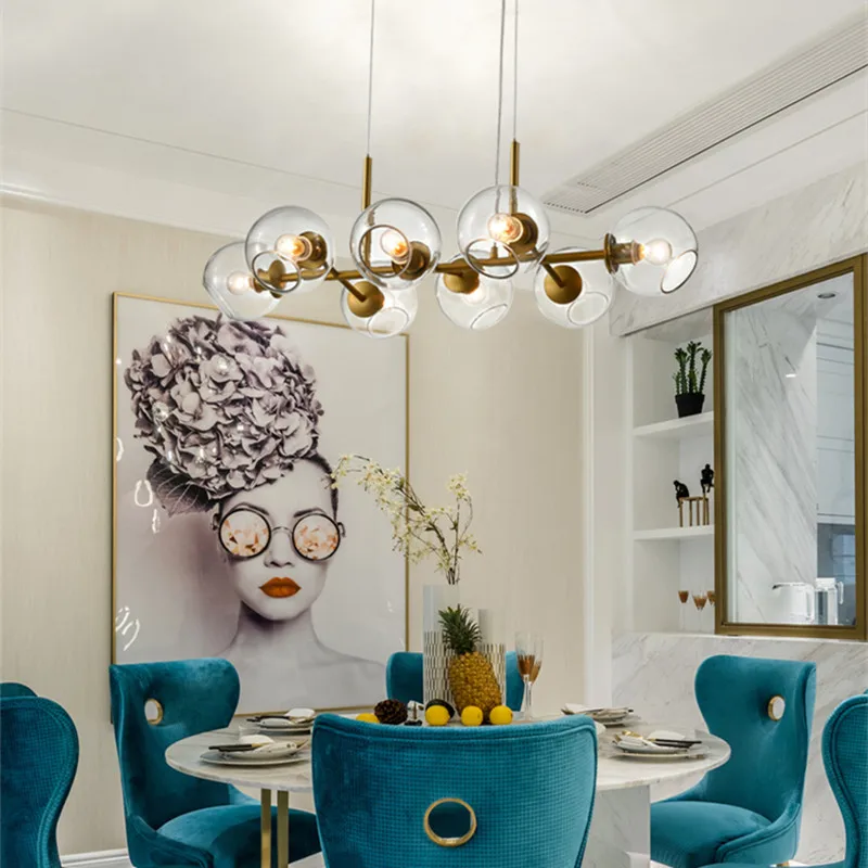 

Nordic Simple Style Glass Ball Chandelier Restaurant Hall Light Kitchen Bar Table Lamp E14 Hanging Lamp LED Bulbs Cord Pendant