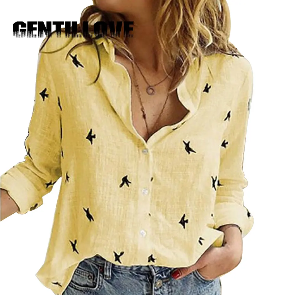 Повседневная Женская рубашка с принтом птиц хлопковые женские топы новинка 2020