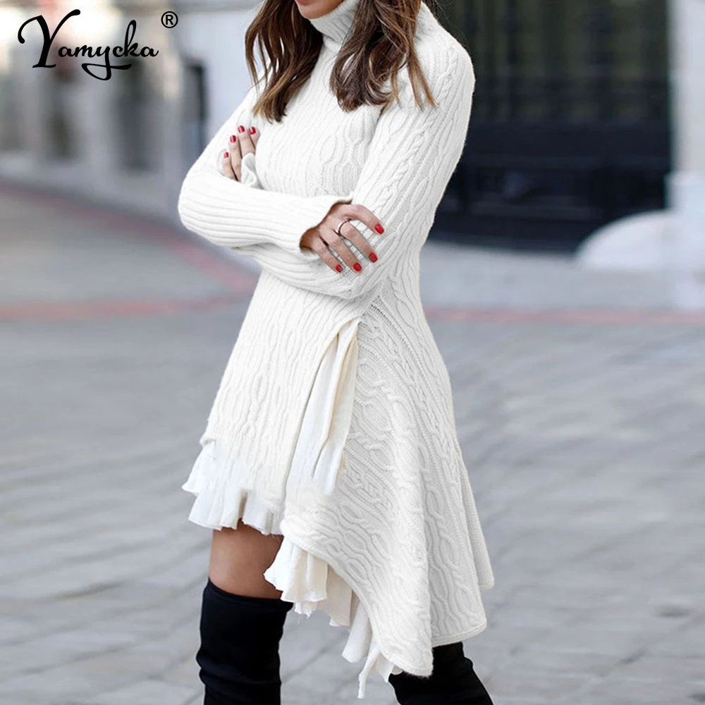 

Sexy white Irregular Ruffle knitted winter mini party dress women Long sleeve woman casual bodycon sweater dress evening dresses