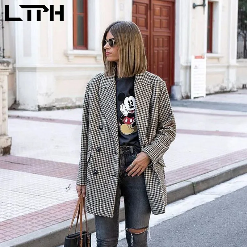 

LTPH vintage plaid blazers women double breasted mid woolen tweed blazer jackets business casual lady suit coat 2021 autumn new