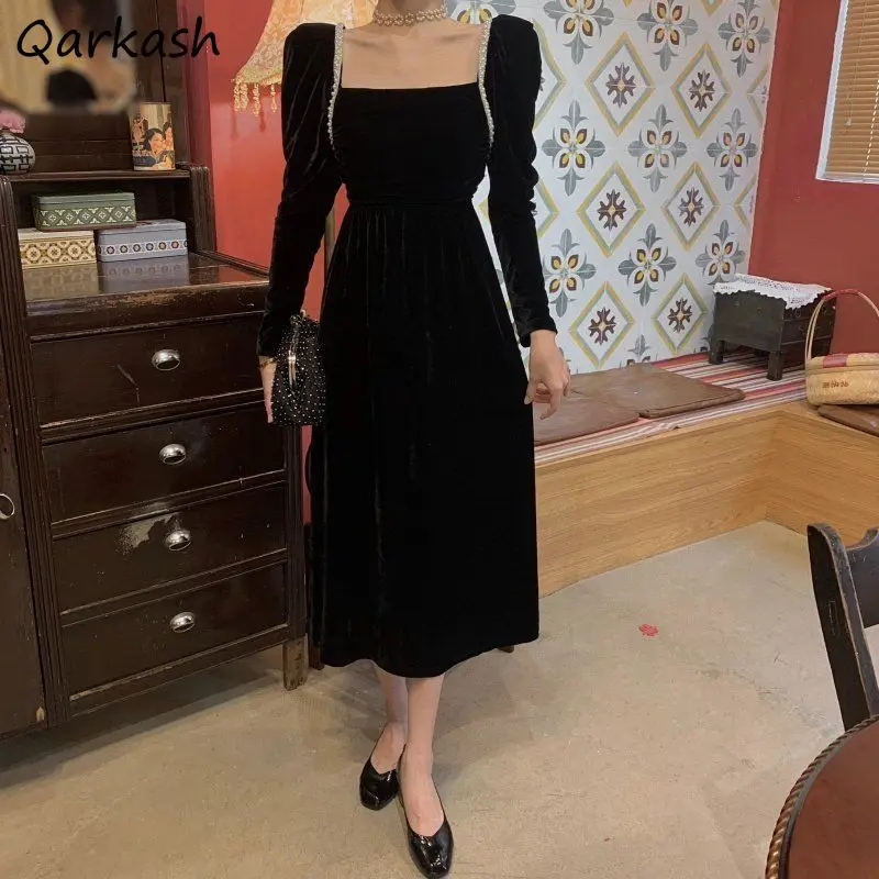 

Long Sleeve Dresses Women Temperament Black Slender Tunic Square Collar Midi Elegant Teenagers Hipster French Style Females Chic