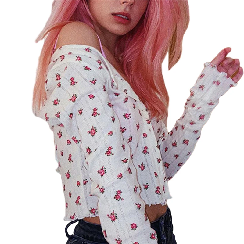 

2020 Autumn Women Shirt Floral Print Long Sleeve Blouse Shirts Casual V Neck Button Cardigan Tops Lady Fashion Knitted Clothes