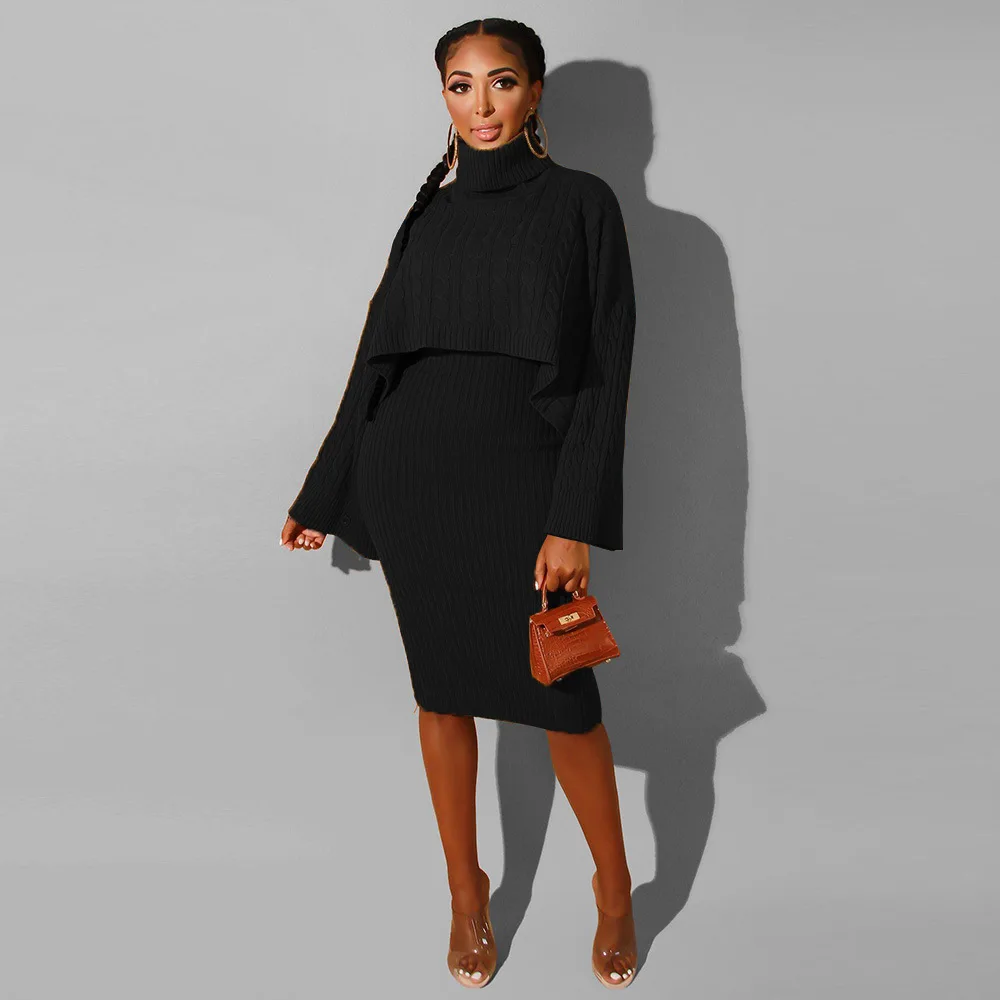 Autumn Winter Knitted Sweater Two Piece Set Turtleneck Long Sleeve Loose Crop Top+ Bandage Midi Tank Dress Plus Size Tracksuit