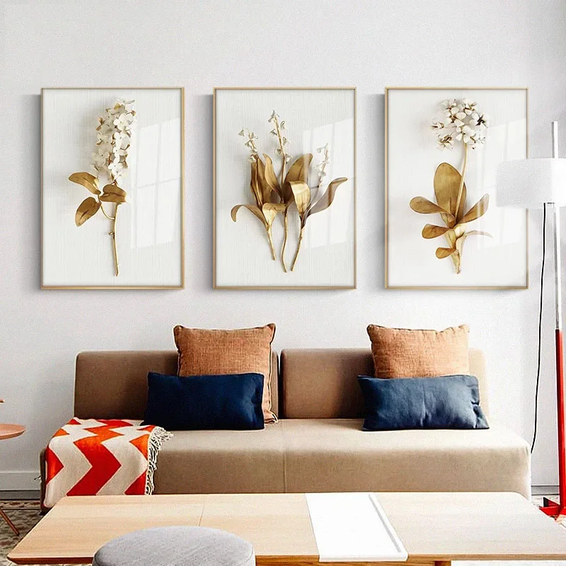 

Golden Plant Leaves and Flowers Wall Art Canvas Painting Wall Pictures for Living Room Nordic Decoration Pictures Morden Decor