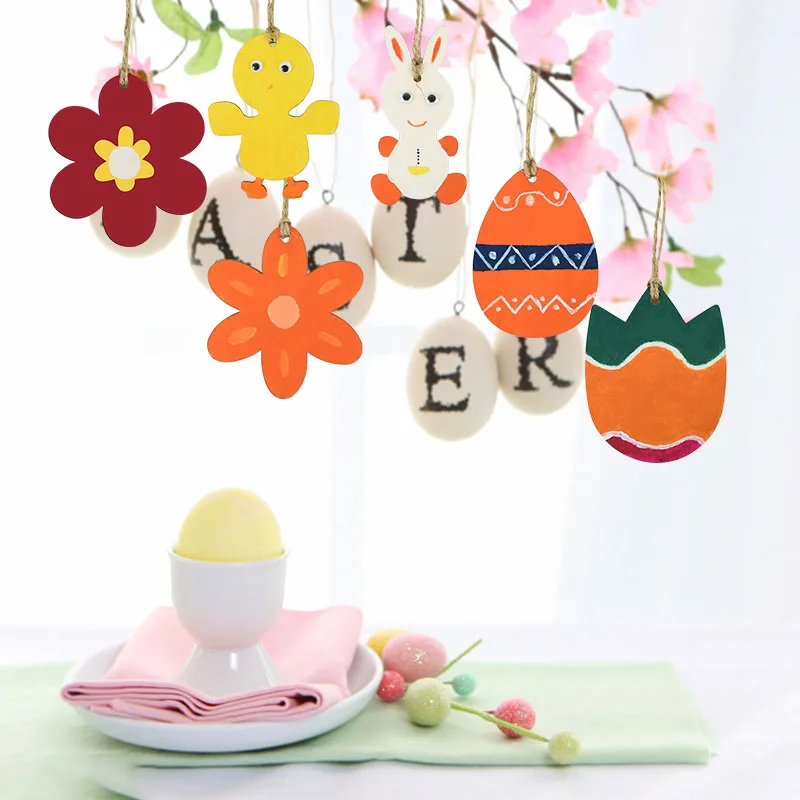 

6PCS DIY Rabbit Handcraft Eggs Chick Flowers Wooden Easter Decorations Hanging Ornaments Easter Wood Chips