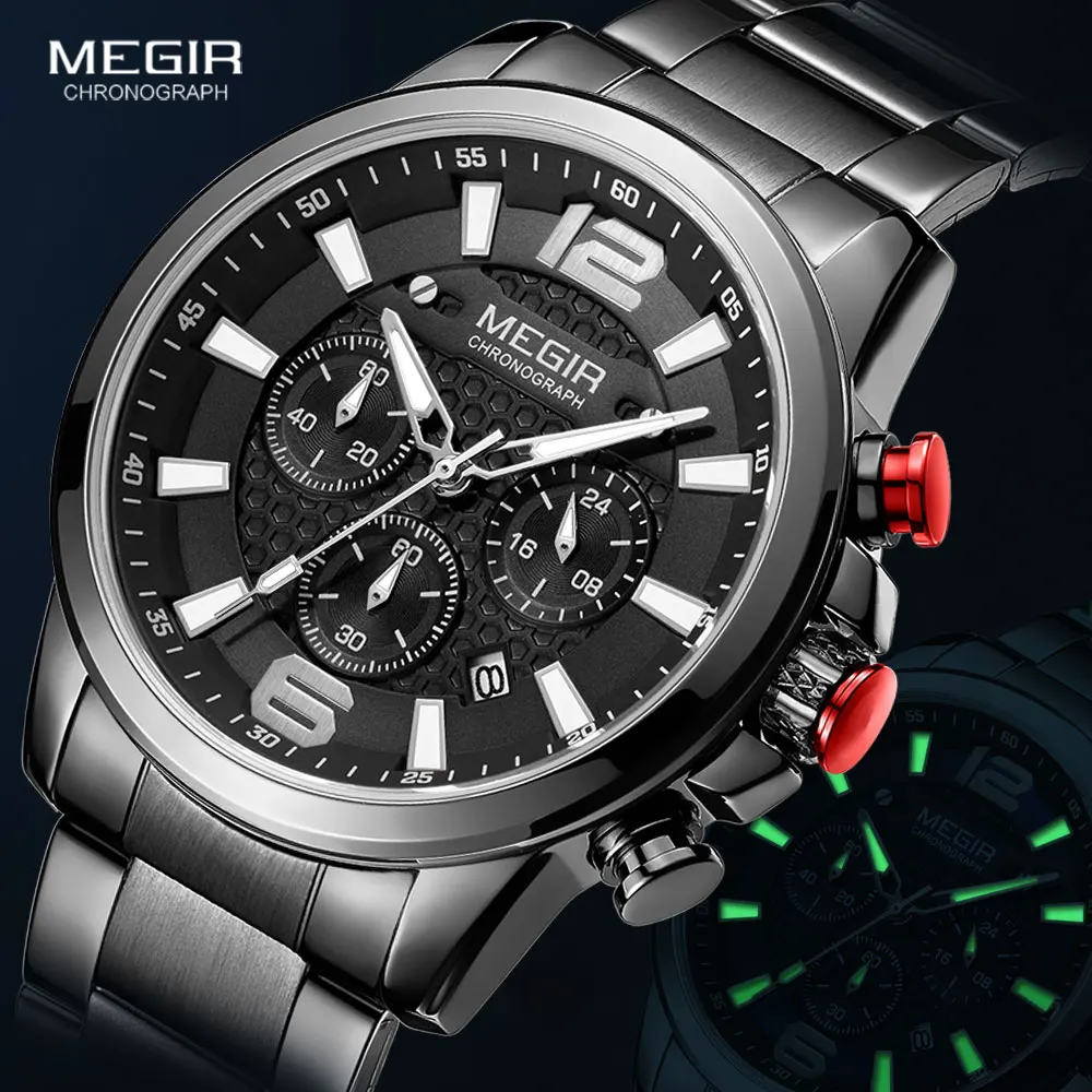 MEGIR Роскошные бизнес часы для мужчин 2020 Топ бренд нержавеющая сталь хронограф