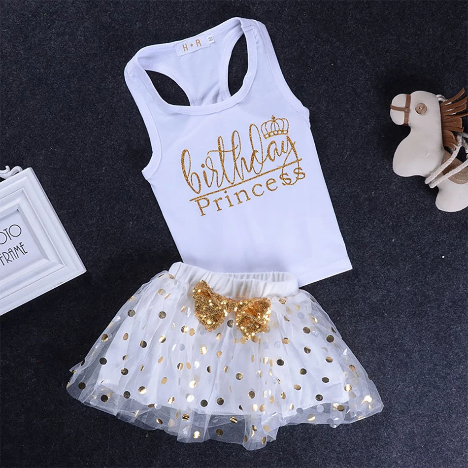

Children Outfits for Girls Summer 2021 New Girls Wear Suit Sleeveless Letter Print Vest Gold Polka Dot Skirt Kids Casual Clothes