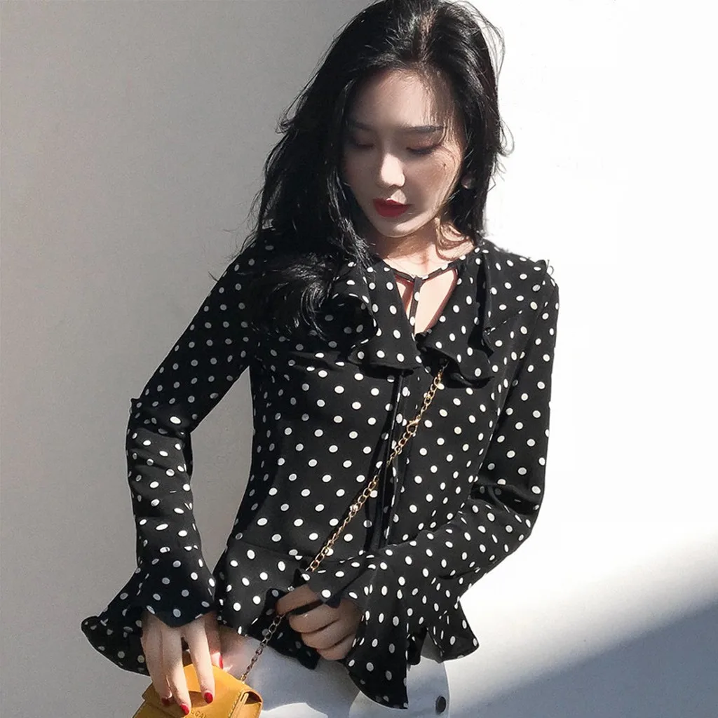 

Женская шифоновая блузка в горошек, модная винтажная рубашка с расклешенными длинными рукавами, Сексуальная рубашка с оборками и v-образным...