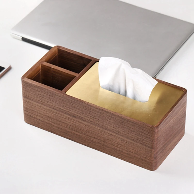 Black Walnut Wood Napkin Box Brass Cover Tray Tissue Retro Classic Multi-Function Storage Home Decor High-End |