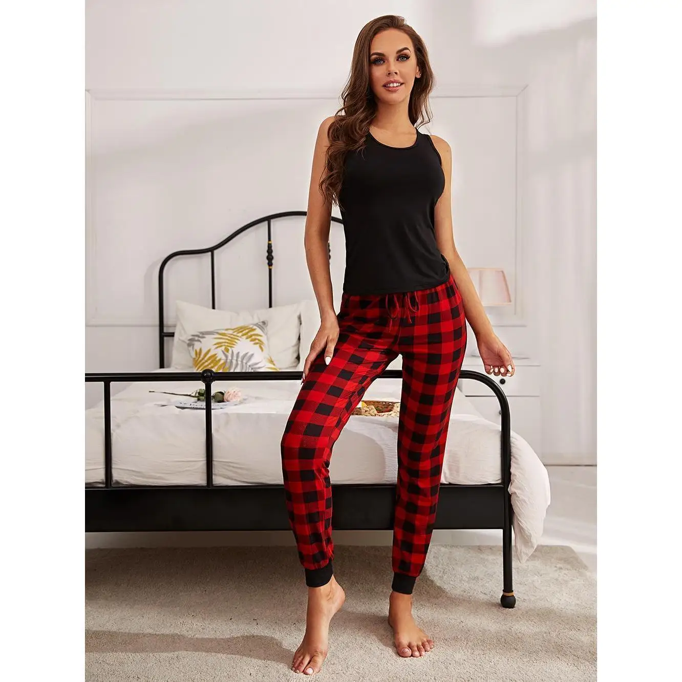 Women Pajama Set Solid Color Short Sleeve O-neck Top and Plaid Jogger Pants Female Nightwear Ladies Homewear Loungewear