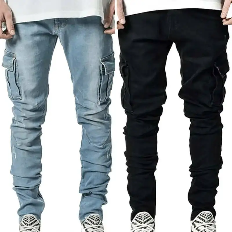 

Men Solid Skinny Pockets Denim Cargo Combat Pants Jeans Slim Fit Trouser Bottoms 2021 Fashion Men's Casual Outwear Jeans