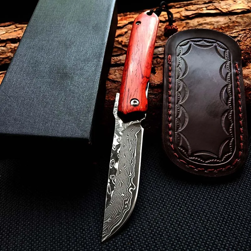 Red handle Складной нож produc Карманный дамасский клинок сандалии деревянные ручные ножи для выживания охотничий Открытый нож спасательных операций походов EDC инструменты - Цвет: Red handle
