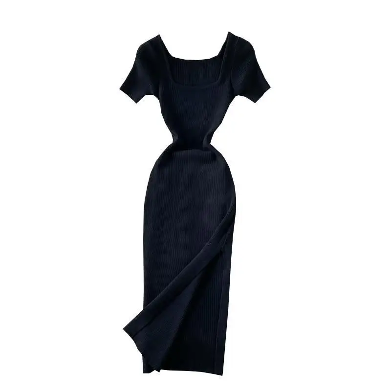 

Slim and slim black skirt 2021 spring and summer new knitted square neck split dress women's design medium length skirt