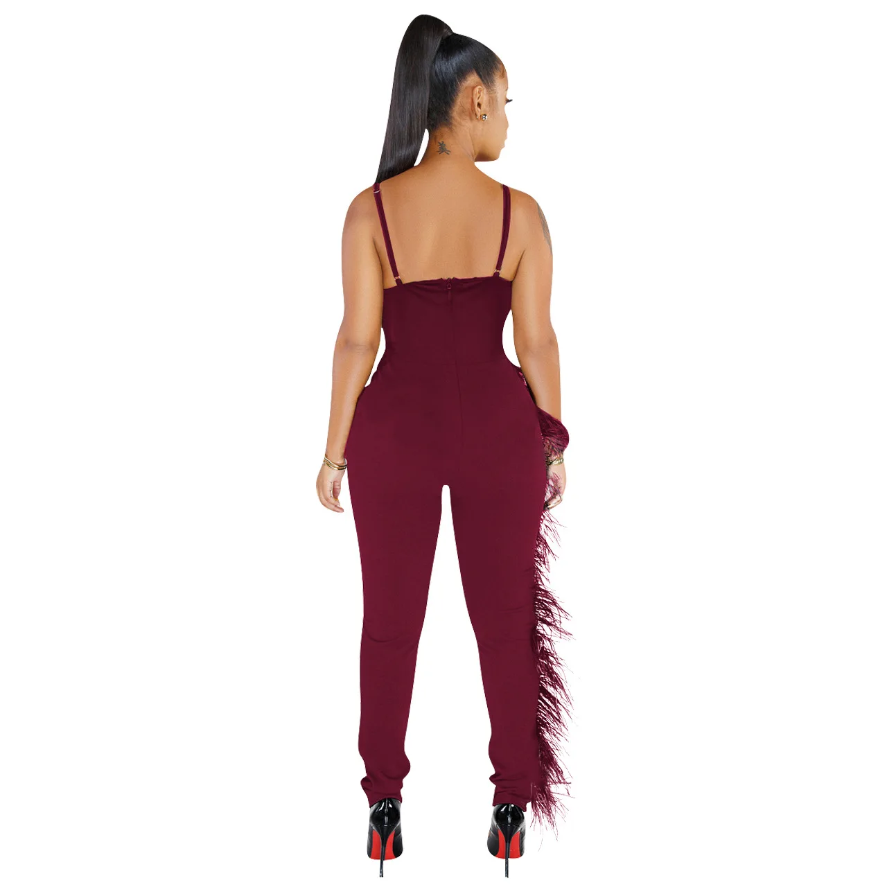 

Feather Spliced Skinny Overall for Women Spaghetti Strap Backless Sexy Club Jumpsuit Summer Solid Side Pockets Long Bodysuits