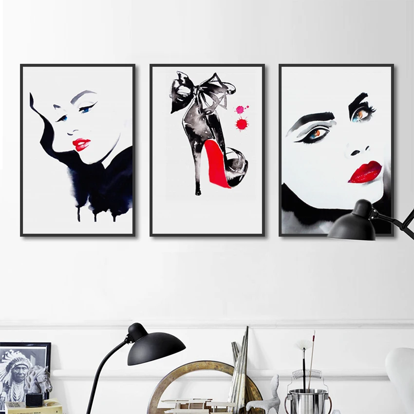 

Nordic Black And White Watercolor Print Canvas Painting Red Lips Beauty High Heels Fashion Poster Home Decoration Wall Art Decor