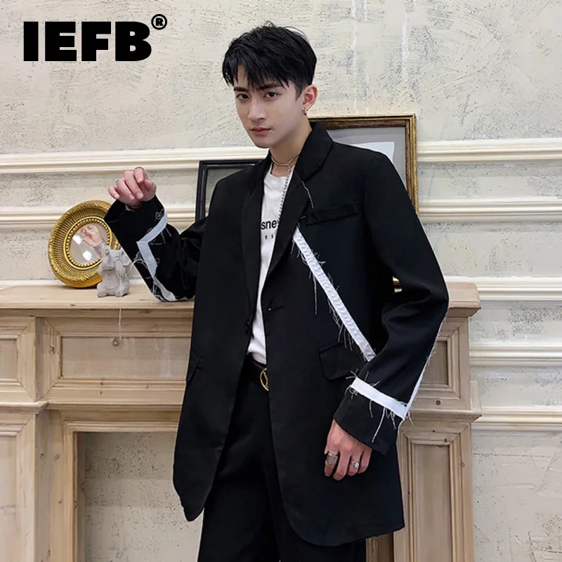 

IEFB Men's Color Block Burrs Spliced Blazers 2021 New Loose Notched Single Button Suit Jacket Tide Autumn Winter Niche Chic Coat