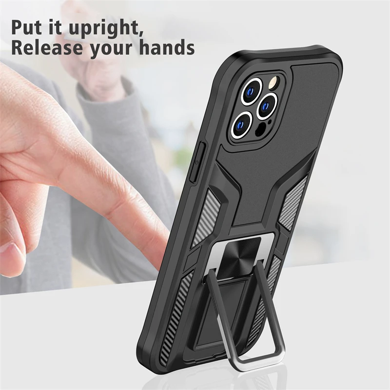 

Luxury Case for iPhone 12 11 Xs Pro Max X Xr 8 7 Plus Carbon Fiber Aluminum Alloy Hidden Bracket Magnetic Function Phone Case