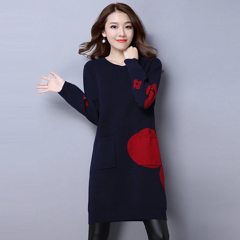 Женское трикотажное платье-пуловер Элегантное платье с круглым вырезом и