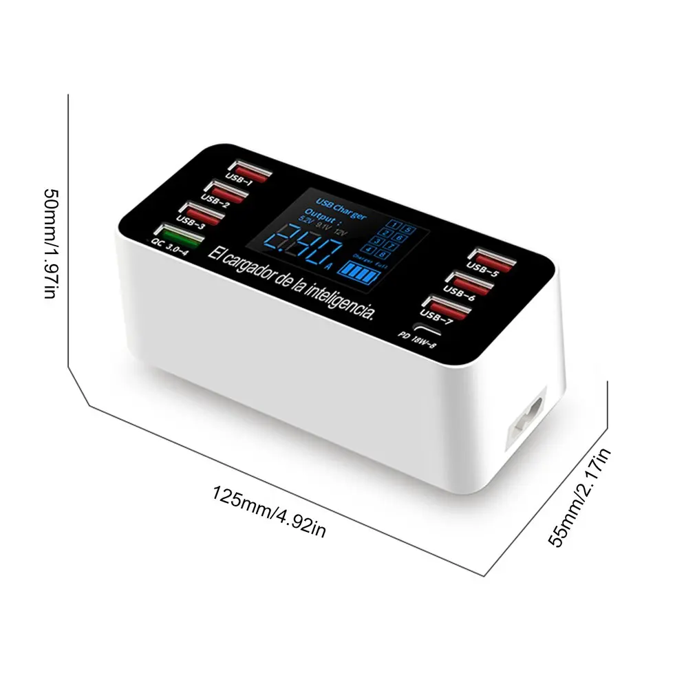 

Quick Charger 3.0 USB Charger 40W USB Type C Fast Charging Station Mobile Phone 8 Port Multi Smart Charger With LED Digital