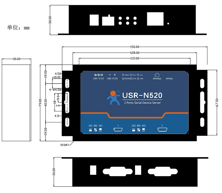 

USR-N520 Dual Serial Port Server RS232/485/422 Serial Port to Ethernet Module