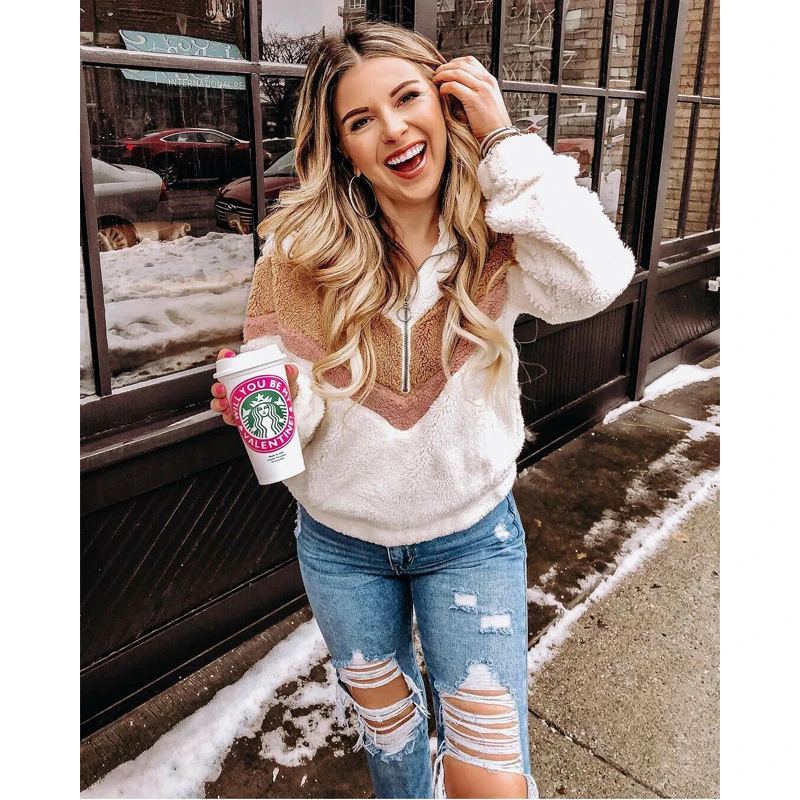 

Women Sweatshirt Hoodie Pullover Fleece Coat Long Sleeve Warm Zipper Plain Jumper Pullovers Tops Casual Loose Coats