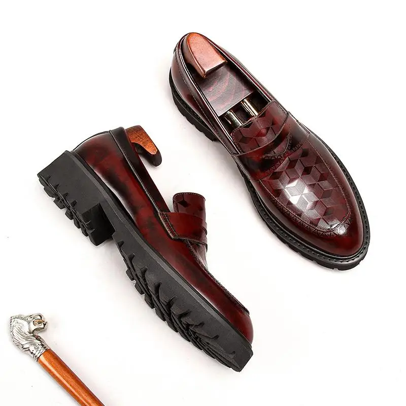 

Fashion Male Shoe Luxury Oxford Men Dress Genuine Leather Shoes Black Plaid Prints Slide On Wedding Office Business Formal Shoes