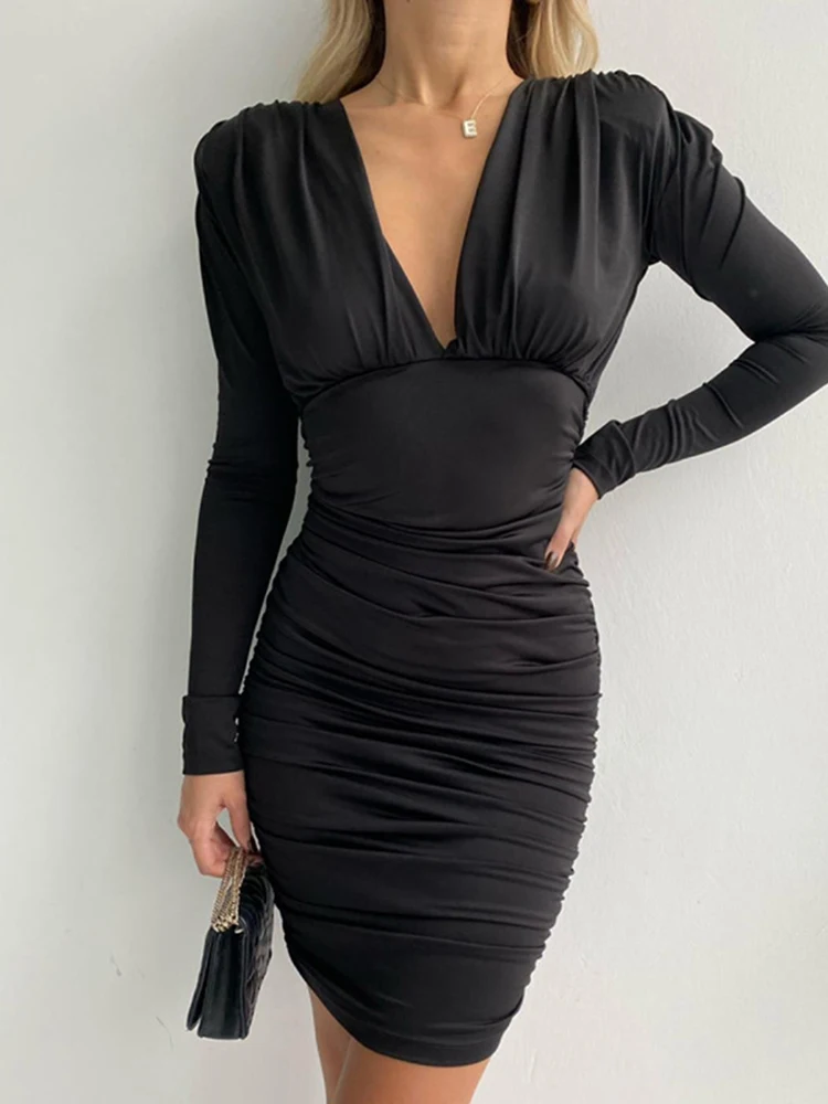 

Elegant Fashion Long Sleeve Ruched Wrap Mini Dress for Women 2022 Spring Autumn Outfits Club Party Bodycon Dresses