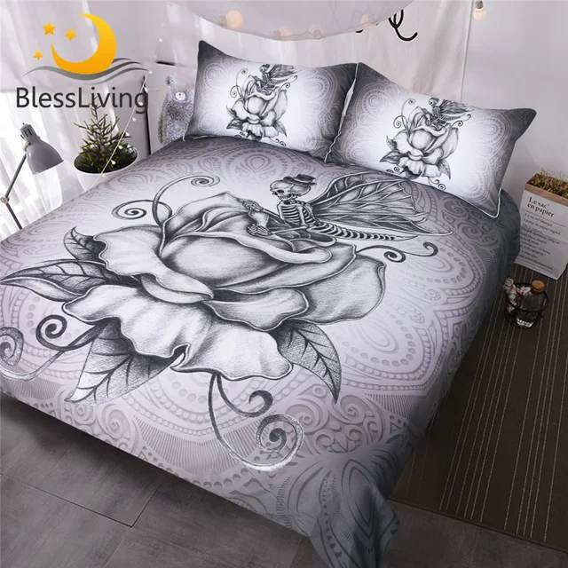 BlessLiving Pale Grey Butterfly Skull Bedding Set 3pcs Retro Roses Duvet Cover Queen Super Soft Bedclothes Romantic Dark Bed Set 1