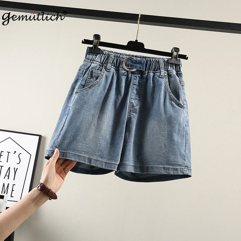 

GEMUTLICH Big Size Summer Women Denim Shorts High Waist Korean Style Loose Elastic Waist Casual Shorts Jeans