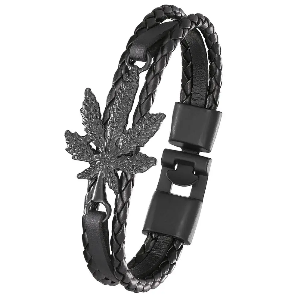 

Stylish Vintage Leather Bracelet Men's Maple Leaf Multi-layer Warp Knitted Bracelet Punk Jewelry Pulseira Masculina