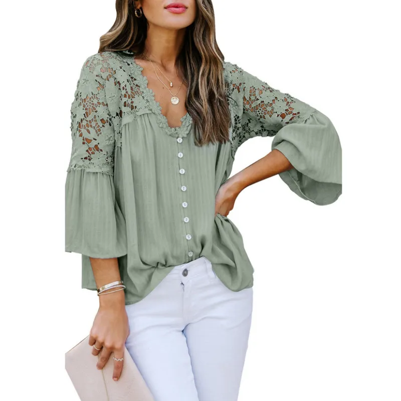 

Female Tops, Solid Color V-Neck Long Flare Sleeve Pullover Hollow Out Lace Patchwork See Through T Shirts for Spring Autumn