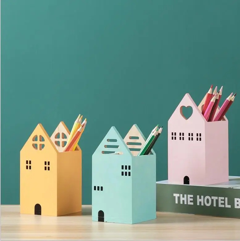 

New Arrival Kawaii House Shape Wood Pen Holder Desk Organizer Storage Box School Office Accessories Stationery