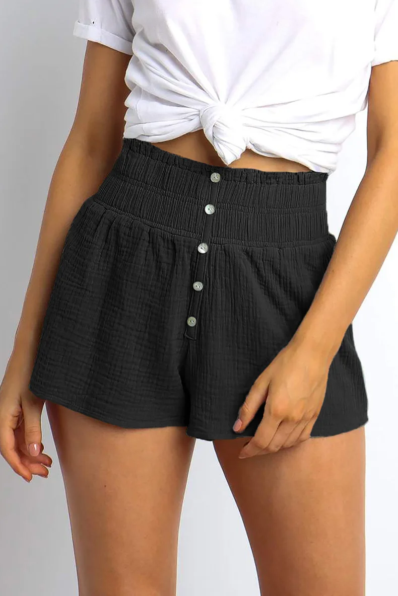 

Peacher Women Loose Baggy Button Leisure shorts women's Elastic High Waist Wide Leg Shorts Trousers