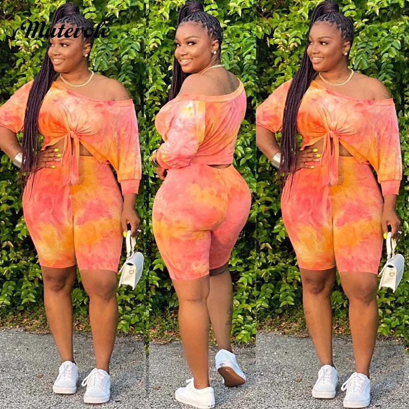 Mutevole Sexy Slash Neck Two Piece Party Set Women Casual Summer 2 Short Outfits Plus Size Bandage Crop Top Print 2pcs |